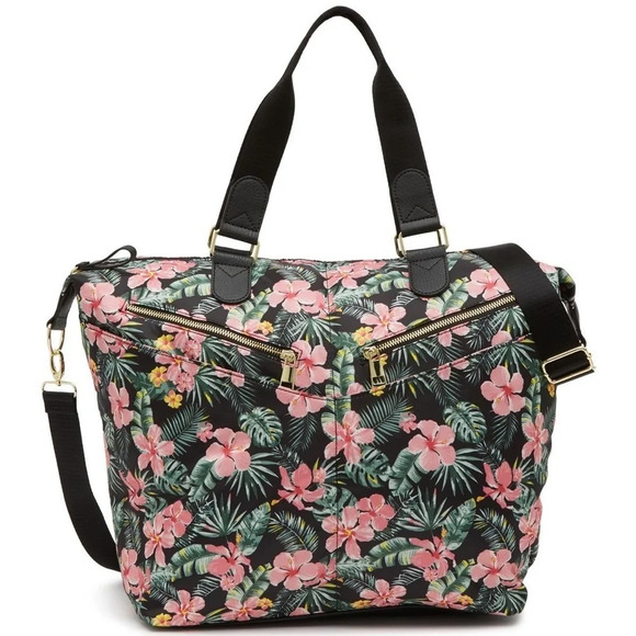 Madden Girl Handbags - MADDEN Girl Floral Tropical Hibiscus Nylon Weekender Bag, EUC